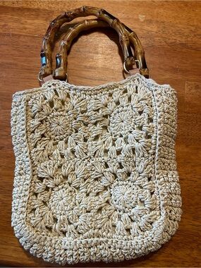 Cream Crochet Shoulder Bag with Bamboo Handles